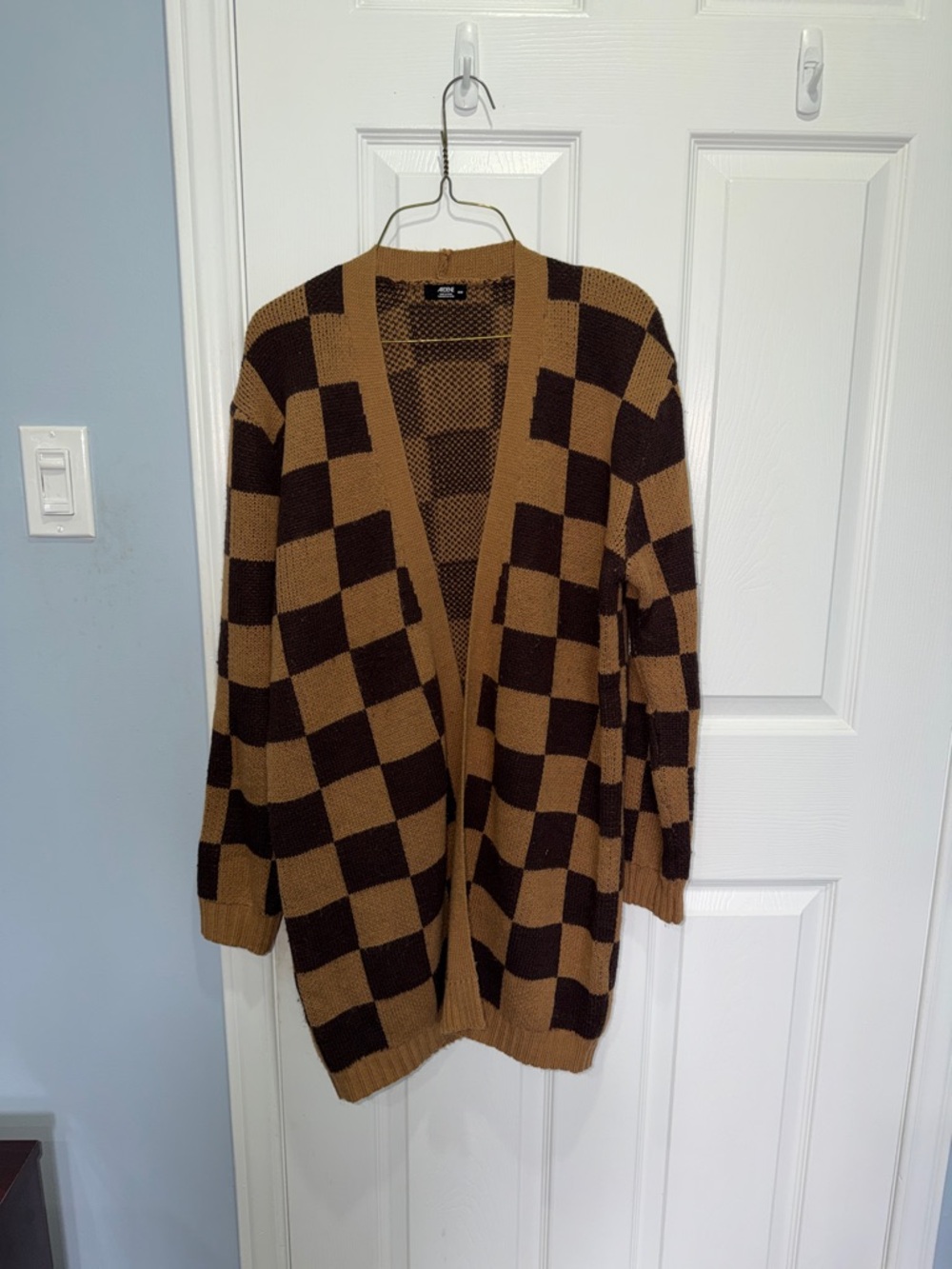 Checkerboard Open Cardigan in Brown and Dark Brown